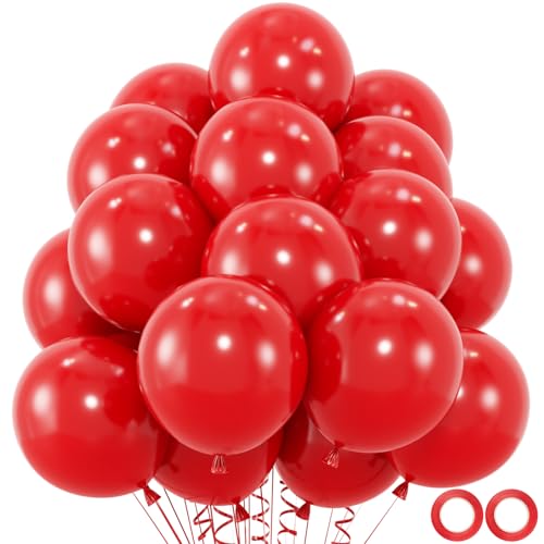 50pcs Red Balloons, 12inch Red Party Balloons Helium Quality for Wedding Anniversary Birthday 4th of July Independence Day Valentine's Party Decorations (With Ribbon & Glue)