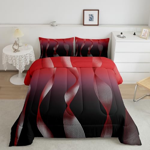 Erosebridal Gradient Gradient Red to Black Bedding Set Ombre Twin Comforter Set for Boys,Trippy Spiral Silver Wave Line Quilt,Abstract Art Room Decor Aesthetic