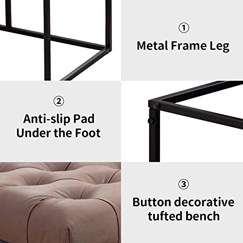 Bonzy Home Upholstered Ottoman Bench Button Tufted Faux Leather Metal Frame Dining Table Bench For Living Room Hallway Bedroom,22 X 16 X 17 Inch,Light Brown #TOP4