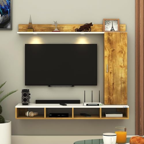 Image of Anikaa Dorex Engineered Wood Wall Mounted TV Unit with LED Lights, Storage Cabinet & Display Shelf for Living Room | Ideal for Upto 55 Inch TV- Giantwood /White(DIY Installation)