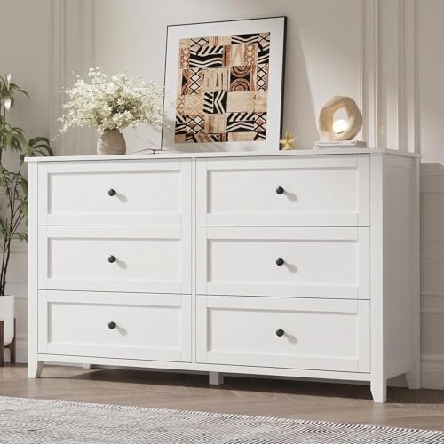 GarveeHome 6 Drawer Dresser for Bedroom, White Dresser with Deep Drawers & Metal Knobs, Large Modern Wooden Chests of Drawers for Entryway, Hallway, W