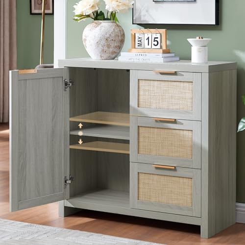 Image of OAKHAM HOME Hampstead 3 Drawer Storage Cabinet Accent Storage Cabinet with Rattan Drawers, Buffet Kitchen Cabinet Sideboard Buffet with Adjustable Interior Shelves for Living Room, Hallway, Pale Oak