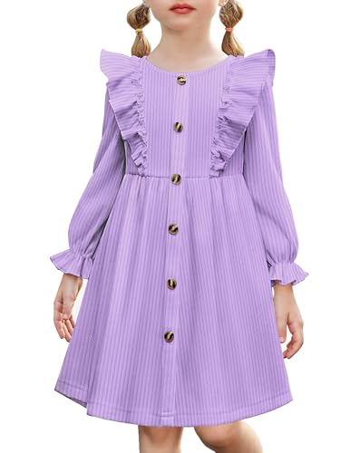 Arshiner Toddler Fall Winter Sweater Dress Ruffle Long Sleeve Ribbed Knit Button Down Casual Dresses with Pockets