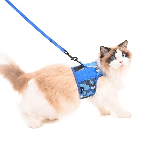 Image of Tactical Kitty Harness and Leash for Walking Escape Proof Breathable Mesh Fabric, Ocean Camo, X-Small, Adjustable Cat Walking Jackets, Padded Stylish Cat Vest
