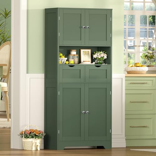Image of TEENFON 57.8 inch H Tall Bathroom Storage Cabinet with 2 Drawers & 2 Adjustable Shelves, Floor Cabinet with 4 Doors, Tall Cabinet for Living Room, Dining Room, Entryway, Forest Green