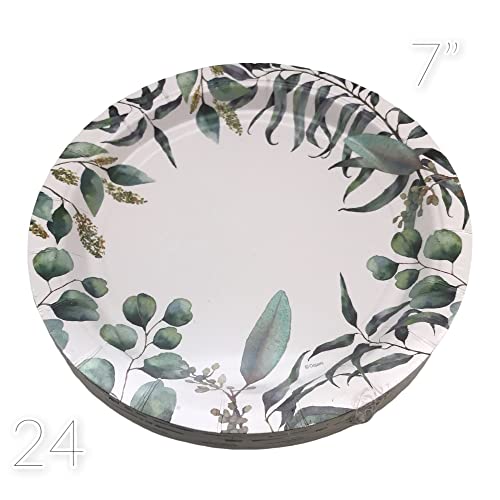 Serves 24 Complete Eucalyptus Greenery Floral Party Supplies, Includes Paper Plates, Cups, Napkins, Straws And 2 Table Covers Ideal For Baby Showers, Weddings, Birthdays, Tea Party, Bridal Showers #TOP2