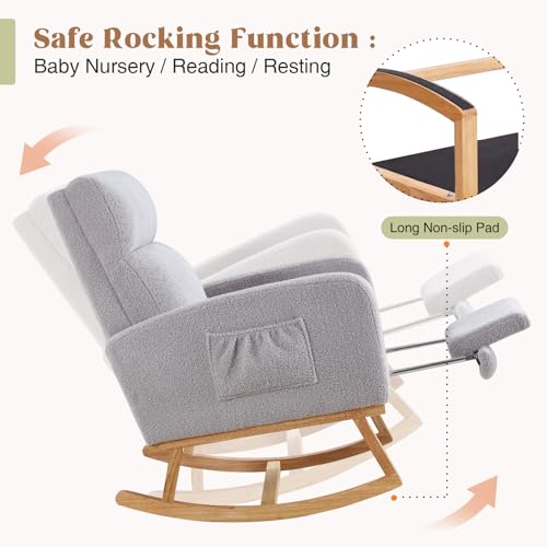HCHAIRH Rocking Chair Nursery with Foot Rest, Teddy Nursing Rocking Chairs for Mom Nursery, Rocker Glider Chair for Living Room, Bedroom, Light Grey