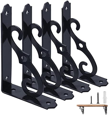 ETECHMART Decorative Shelf Brackets, 5 Inch Wall Mounted Floating Shelf Bracket for DIY Open Shelving, Pack of 4 L Shape Heavy Duty Rustic Iron Metal Corner Brace Shelf Supporter, Black
