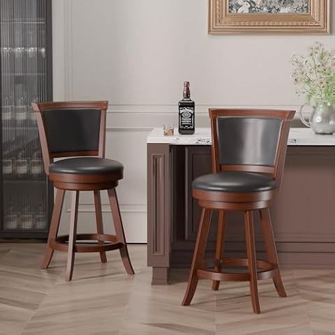 Redpick Bar Stools Set of 2, 360 Degree Swivel Counter Height Bar Chairs with Back, Leather Barstool with Wood Legs for Bar, Kitchen Counter, 29.7’’ Expresso Cover