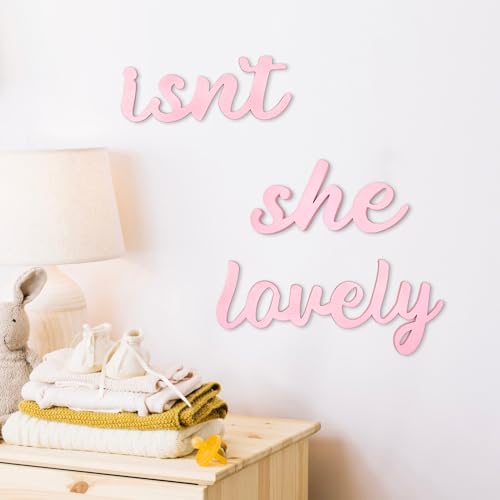 Image of AOCEAN Wood Sign Boho Decor Isn’t She Lovely Wall Art Bedroom Baby Girl Princess Room Nursery Shelf Home Decoration (Pink)