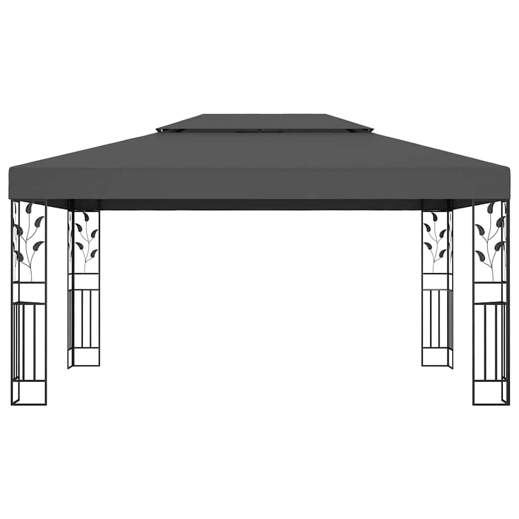 Pavillon 3x4 m Anthrazit mit Doppeldach aus Polyester & Solar LED Lichterkette Stahl Gestell Garten Grill Party Gazebo für Terrasse Balkon und Outdoor Events
