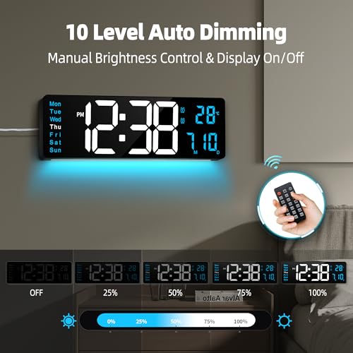 Image of Maxstar 16 inch Digital Wall Clock with Music,Large LED Display,Remote control,Dual Alarm,DST,Date,Week,Dimmer,Temperatur,Jumbo Number,Night Light for Living Room|Office|Kitchen|Farmhouse|Desk Decor(Blue)
