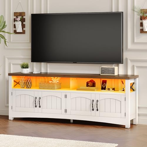 DWVO Farmhouse TV Stand for TV up to 65", Wood Entertainment Center with 2-Door Storage Cabinets, 21.6" Tall Television Stands w/LED Lights, Large Media Console Cabinet for Living Room (Rustic White)