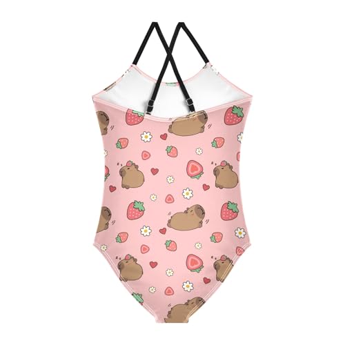 Girls One Piece Swimsuits Capybara with Cute Strawberry Cute Swimwear Bathing Suits 3-10T2