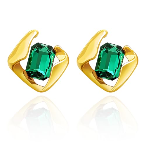Emerald Earrings for Women, Formal Green Gemstone Large Studs, May Birthstone, Gift for Mom Wife Her by Febsky