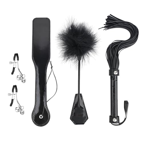 LEHUAO BDSM Bondage Sexual Restraint Set (4 Stück), Feder, Swat, Peitsche, Nippel Clips, SM Set Weibliche Erotik für Schlafzimmer Spiele (DEB12) (Schwarz)