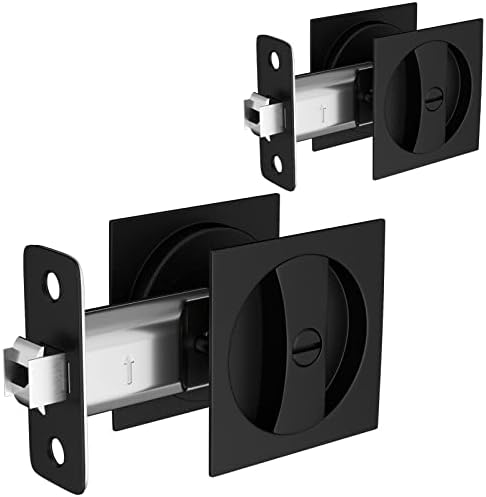 Surnovae Pocket Door Lock for Bed/Bath, Matte Black Contemporary Privacy Square Pocket Door Hardware, Flush Pocket Door Latch(2-3/8" Backset), 2 Pack