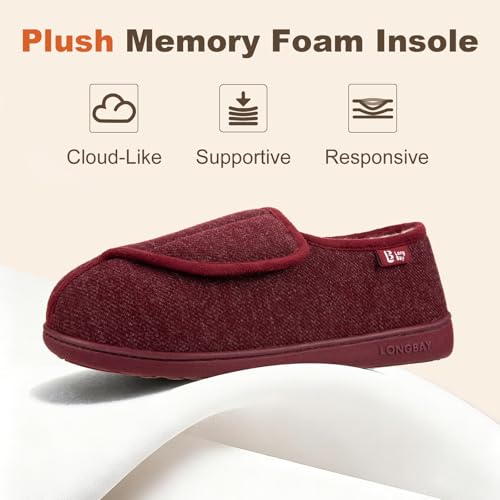 LongBay Womens Adjustable Slippers Memory Foam Cozy Wide Diabetic House Shoes Edema Orthopedic Neuropathy Indoor Outdoor (10 B(M), Wine Red)