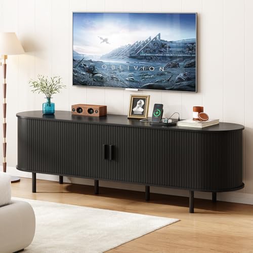 Image of ONBRILL 70.8 inch TV Stand with Power Outlet for TVs up to 75 Inch, Entertainment Center with Storage and Adjustable Shelves, Modern Media Console with Sliding Doors for Living Room, Black