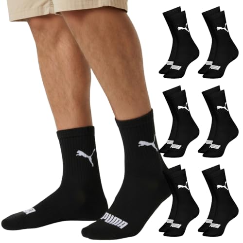 PUMA Kit 6 Pares Meia Cano Médio Esportiva Algodão Sola Atoalhada Costura Fina Masculina Feminina Unissex Adulto, 6 Preto, M (34-39)