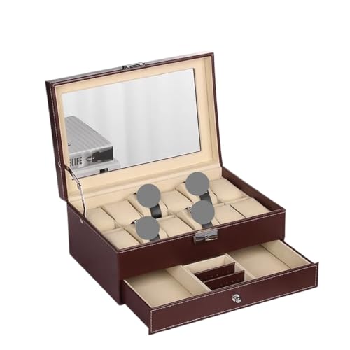 ZYAYNG Caja expositora de relojes con 12 ranuras, de piel sintética, con cerradura, para hombres y mujeres, organizador de 2 niveles para relojes (marrón)