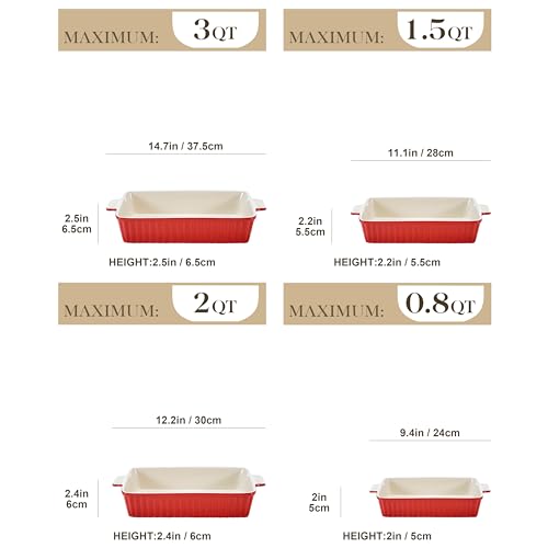 Bakeware Set of 4, MALACASA Porcelain Baking Pans Set for Oven, Casserole Dish, Ceramic Rectangular Baking Dish Lasagna Pans for Cooking Cake Pie Dinner Kitchen, Red (9.5"/11.25"/12.75"/14.5") - Image 3