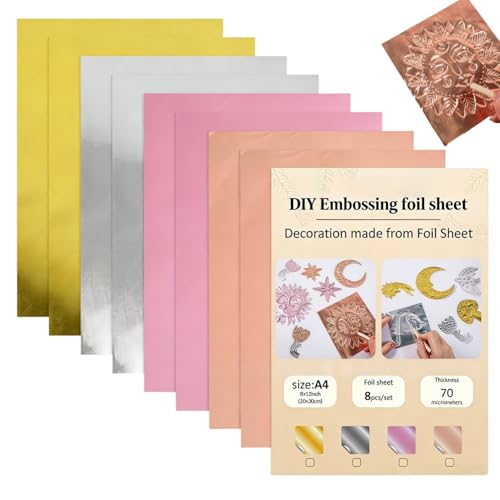 8 Stück 20*30cm Mehrfarbige Prägefolie 4 Farben: Gold Silber Rosa Rosenrot - Aluminiumfolien Zum Stempeln für Kunsthandwerk Malerei & DIY - Multifunktionale Metallfolien für Prägen & Schneiden