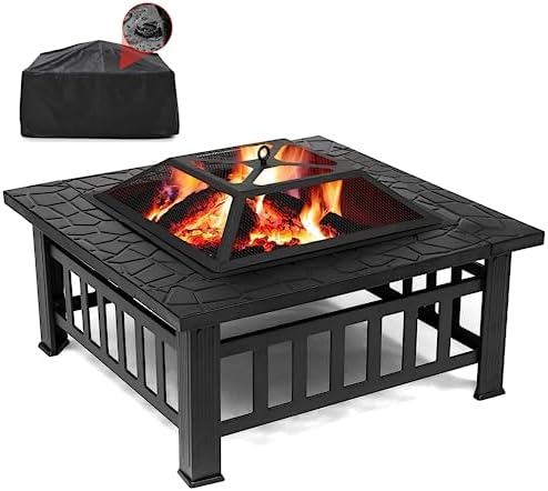 SINGLYFIRE 32 Inch Fire Pit Table for Outside Square Metal Firepit Outdoor Wood Burning Large Steel Bonfire Pit for Patio Backyard Garden with Waterproof Cover,Spark Screen,Log Grate,Poker