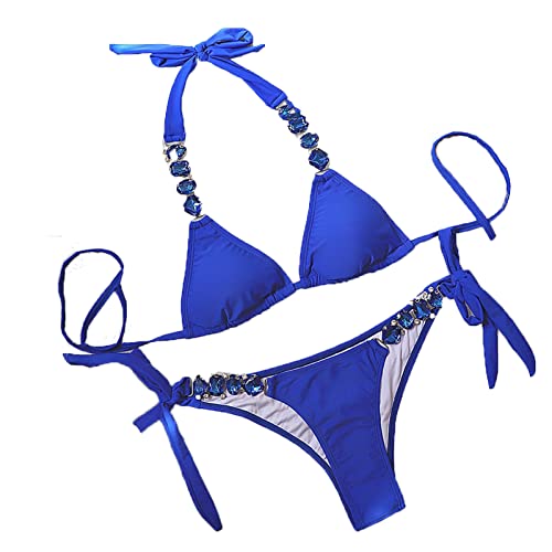 Colf Women's 2 Piece Swimsuit Halter Bikini Set Side Bottom Triangle Rhinestone Bathing Suit2