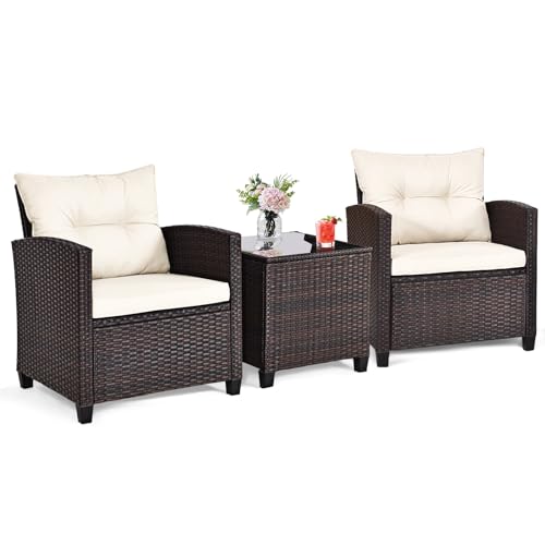 ORALNER 3 Pieces Patio Furniture Set, Outdoor Wicker Bistro Set (White)