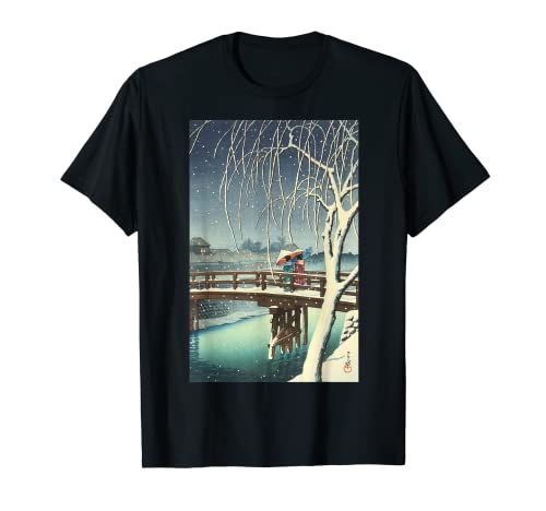 川瀬 巴水 雪 冬 日本風景 冬景色 橋 日本のアート ヴィンテージ 暮れ之雪 江戸川 Tシャツ