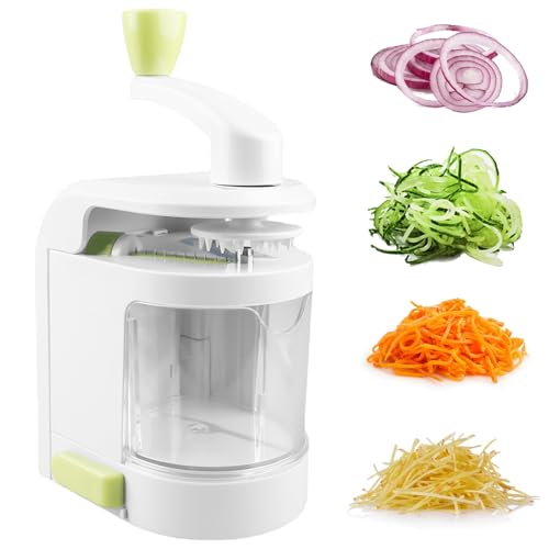 Affettatrice a spirale per verdure, 4 in 1, a manovella, con fondo antiscivolo, affettatrice per verdure con contenitore, per carota, cetriolo, patate, zucca (verde e bianco)