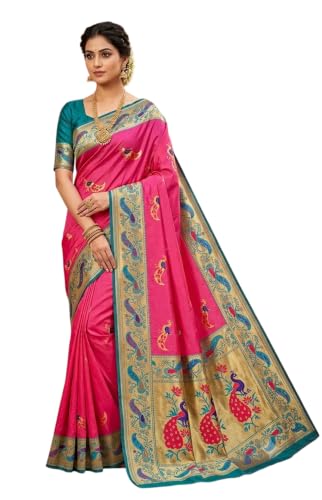 Pink & Blue Peacock Paithani Soft Lichi Silk Saree Traditional Ethnic Saree with Rich Golden Jacquard Pallu &