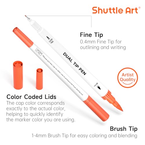 Image of Shuttle Art Dual Brush Marker Pens, 56 Colors Water-based Ink, Dual Tip Calligraphy Pens Fineliner and Brush Tip perfect for Kids Adult Artist, Hand Lettering, Journal, Doodling, Writing