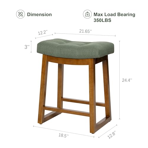 Image of Bar Stools Set of 6, Backless Counter Height Bar Stools, 24 Inch Modern Saddle Bar Stools with Walnut Legs & Upholstered Fabric Seat, Wooden Counter Stools for Kitchen Island, Home Bar, Green