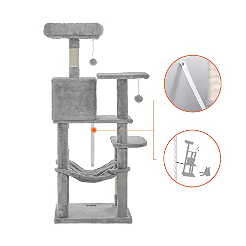 Feandrea Cat Tree, 143 cm Multi-Level Plush Cat Condo with 4 Scratching Posts, 2 Perches, Cave, Hammock, Pompoms, Light Grey - Image 9