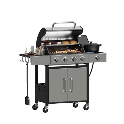 Aoxun 4+1 Brenner Propangasgrill mit Seitenbrenner, 49.000 BTU Gasgrill, Edelstahlgrill mit Gusseisenrosten und Seitentischen für den Garten, die Terrasse und zum Camping, schwarz und silber