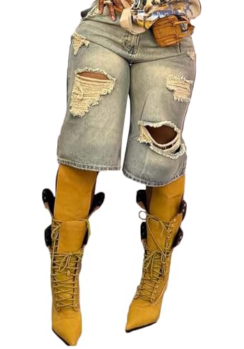 LETSVDO Womens Baggy Ripped Denim Shorts High Waist Straight Leg
