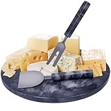 Marble Cheese Board & Utensil Set- 12” Round Black Marble Charcuterie Board & Cutting Board Set- Handmade Marble Serving Tray for Wine Meat Cheese Platter with 3 Piece Knife Set- Cheese Board Marble