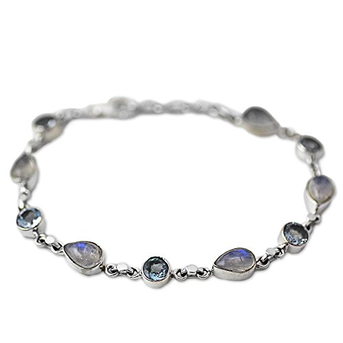 Novica Handmade Misty Sky - Blue Topaz And Rainbow Moonstone Gemstone Bracelet, Women's Link Bracelets, Women Bracelets, Pear Shaped Multi-Gemstone Tennis Bracelets For Women, Christmas Gifts #TOP1