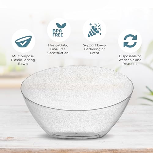 Posh Setting Silver Glitter Plastic Serving Bowls for Parties, Disposable Plastic Angled Serving Bowls, Hard Plastic Large Party Snack Bowls, Chips Bowls, Salad, Candy and Fruit Bowl 5 Pack