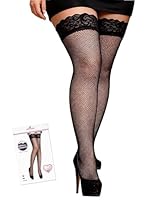 comeondear Halterlose Strümpfe für Damen XXL Sexy Netzstrümpfe Große Größen Oberschenkelhohe Strümpfe mit Spitze Silikonband Fishnet Stockings Thigh High Nylonstrümpfe Stay Ups(Schwarz,L-XXL)