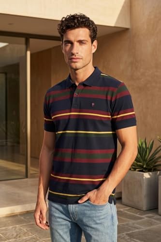 Image of Louis Philippe Men's Slim Fit Striper Design Aesthetic Solid Pique Half Sleeve Polo Tshirt with Stretch