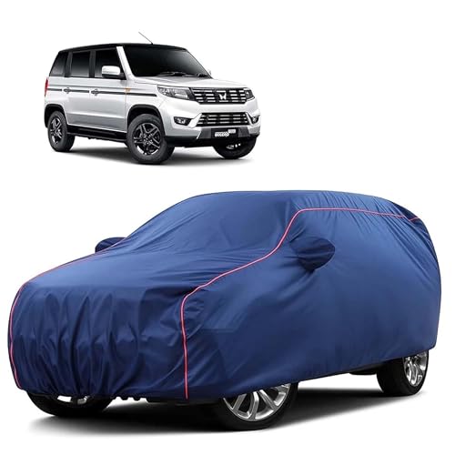 Image of Sulfar 100% Water Resistant Car Body Cover Compatible with Mirror for Mahindra Bolero Neo (Triple Stitched, Full Bottom Elastic, Blue Tafetta with Red Piping)