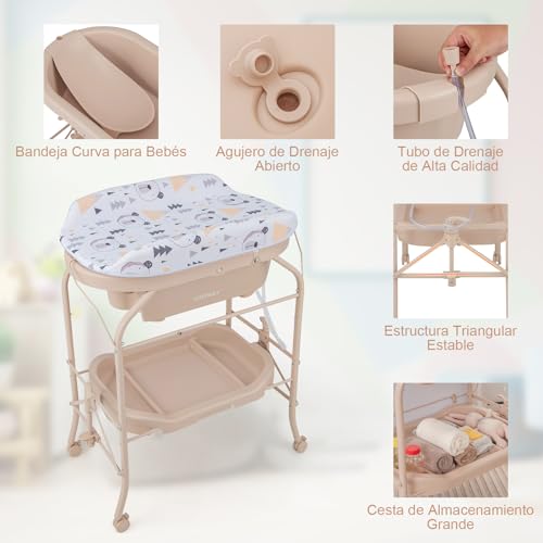 Miniatura 2 de Costway Bañera Bebe Con Cambiador 4 En 1, Bañera Cambiador Bebe Con Bandeja Y 4 Ruedas Bloqueables, Cambiador Bebe Portátil Y Plegable Con Cesta De Almacenaje, Cojín Impermeable, Carga 35kg Beige