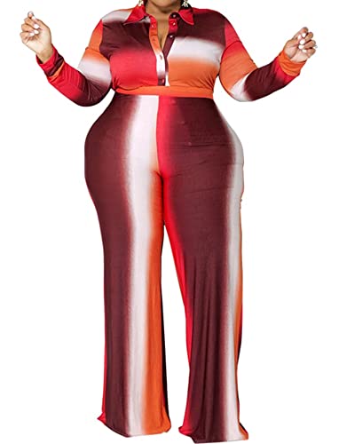 Women's Plus Size 2 Piece Jumpsuit Floral Print Long Sleeve Button Down Tops Wide Leg Bodycon Pant Set Outfit Ombre Red 4X #TOP2