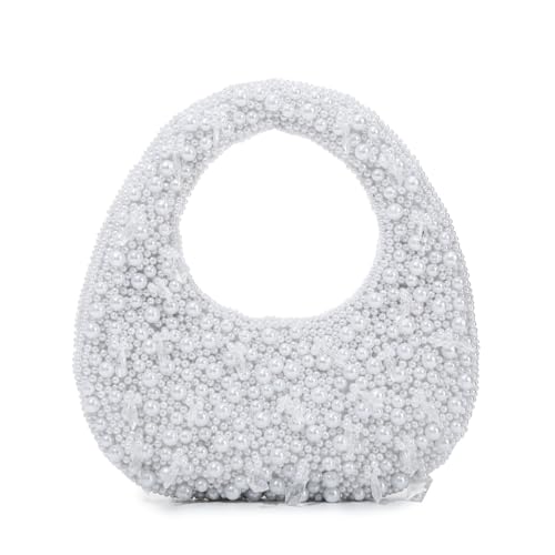 Oweisong White Pearl Clutch Purse for Women Mini Formal Evening Bag Beaded Handbag Tote for Party Wedding Bridal
