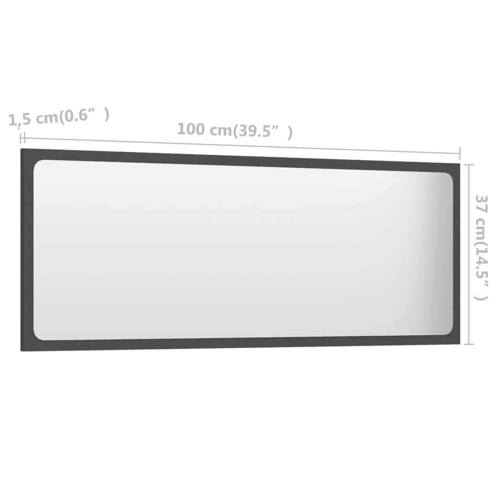 Lustro łazienkowe szare, z materiału drewnopochodnego i akrylu, 100 x 1,5 x 37 cm, wiszące, do łazienki, umywalki, toalety dla gości, zajmuje mało miejsca, do nowoczesnych pomieszczeń