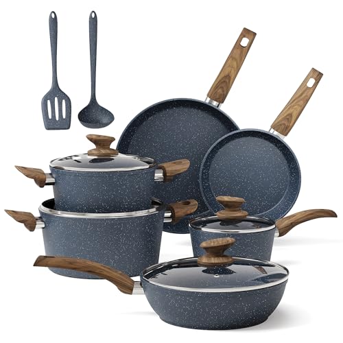 Image of MAISON ARTS Pots and Pans Set, 12 Piece Blue Kitchen Cookware Sets Nonstick | Induction Compatible, Granite Pans Set for Cooking, 100% PFOA & PFAS Free Non-Toxic, Easy to Clean, Even Heating