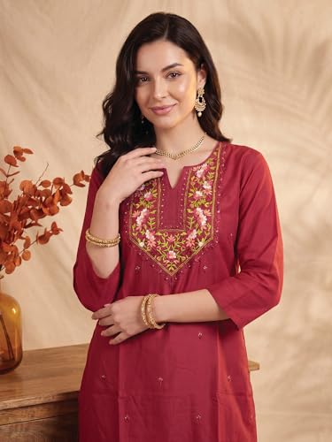 Image of INDO ERA Women's Silk Blend Floral Embroidered Thread Work Kurta & Pant with Dupatta Set